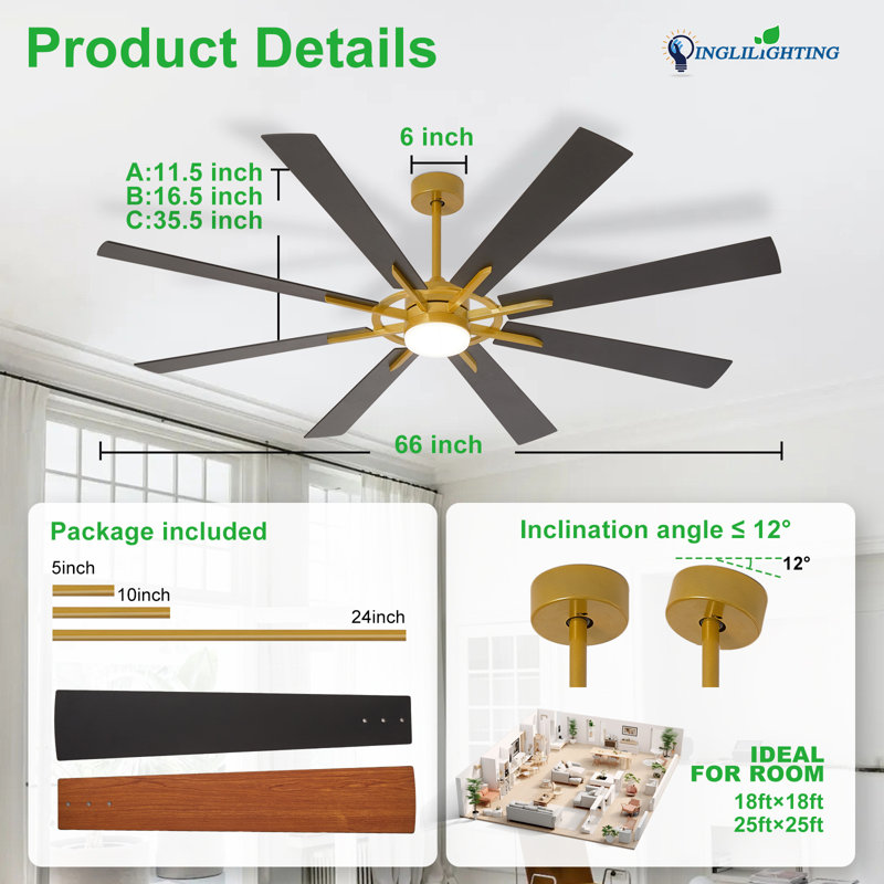 66 Inch Large Ceiling Fan with Light, Modern 8-Blade Black Indoor Outdoor Fans with Remote App Control Dimmable Light, Quiet DC Motor Reversible 6 Speed Timer