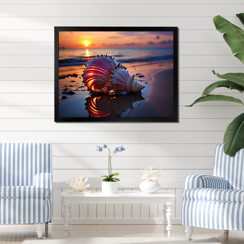 Coucher de soleil sur le rivage, Trésors V - art mural plage, Cadre d'angle fermé noir, H 12 po x l 20 po x P 1 po