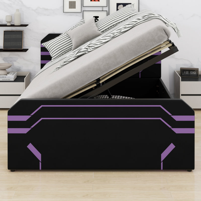 Lit plateforme tapissier hydraulique à rangement latéral, Black+Purple