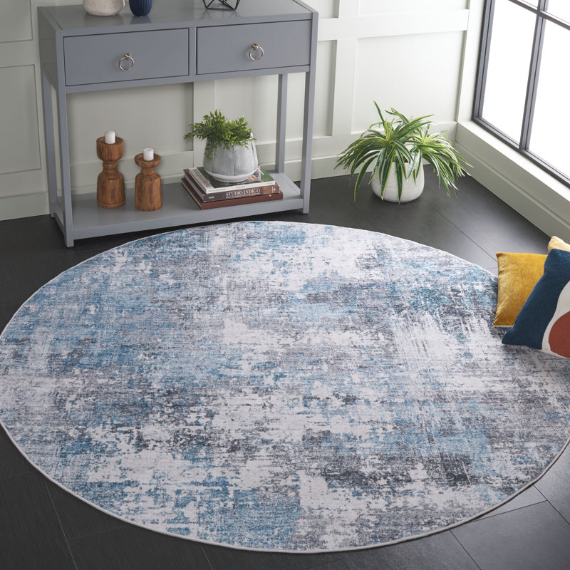 Tapis en polyester tissé à la machine Tamani bleu / blanc / gris, Rond 6 pi