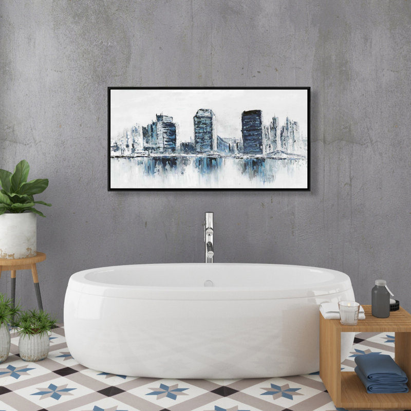 Toile texturée bleue avec paysage urbain | Décoration de chambre contemporaine