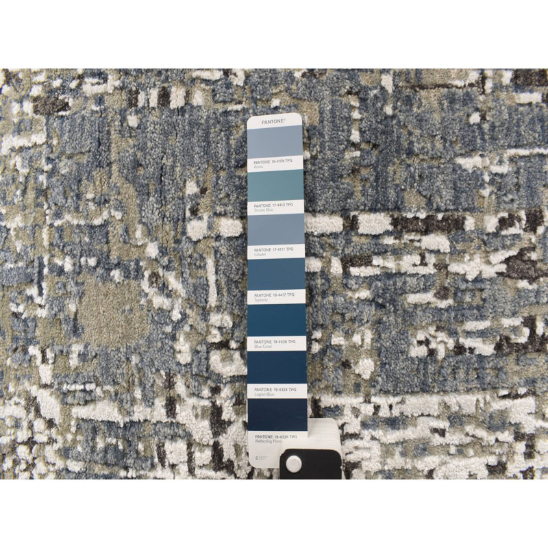 Tapis oriental bleu à motif de nœuds denses à motif abstrait 3 pi x 5 pi 3F98276837174401B2B01A9F60DDE333