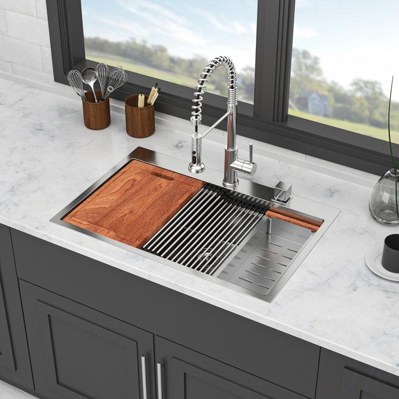 33 Inch Drop-in Kitchen Sink - Single Bowl 16 Gauge Stainless Steel Ledge Workstation for Efficient Meal Prep and Cleanup