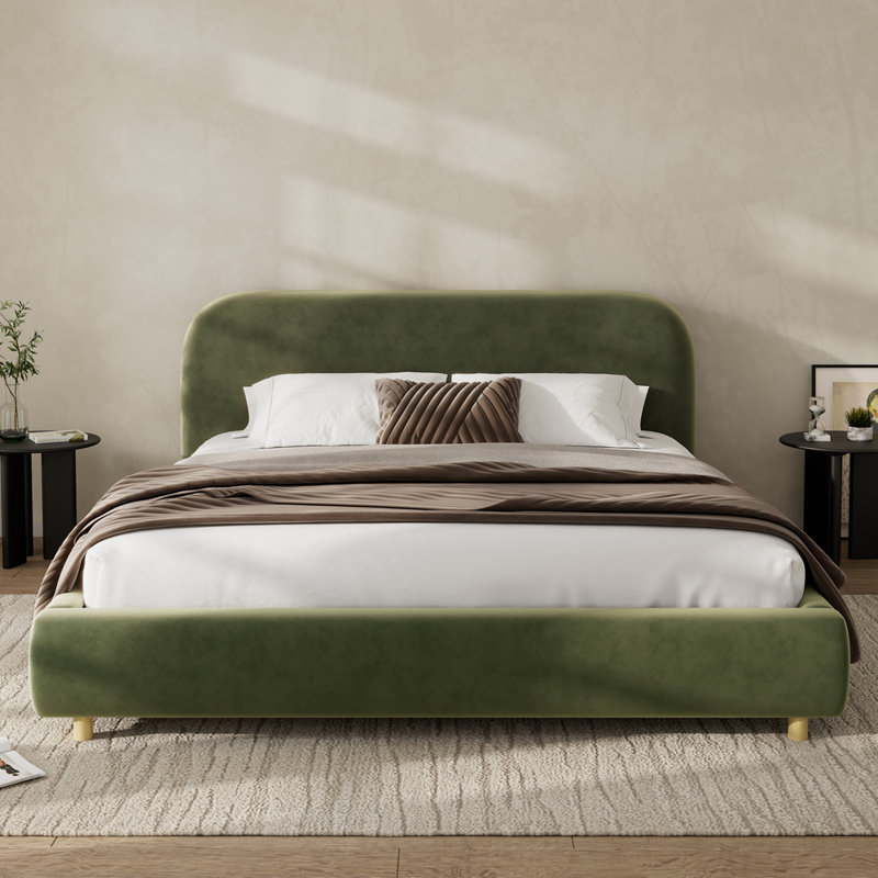 Lit plateforme avec tissu en velours, lit plateforme tapissier avec tête de lit courbée, vert olive, Très grand
