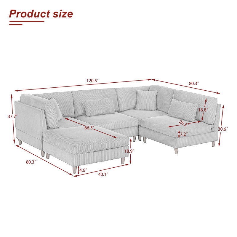 Michelyn 120.5"W 5 - Piece Corduroy Modular Sectional Sofa with Ottoman, Beige Corduroy