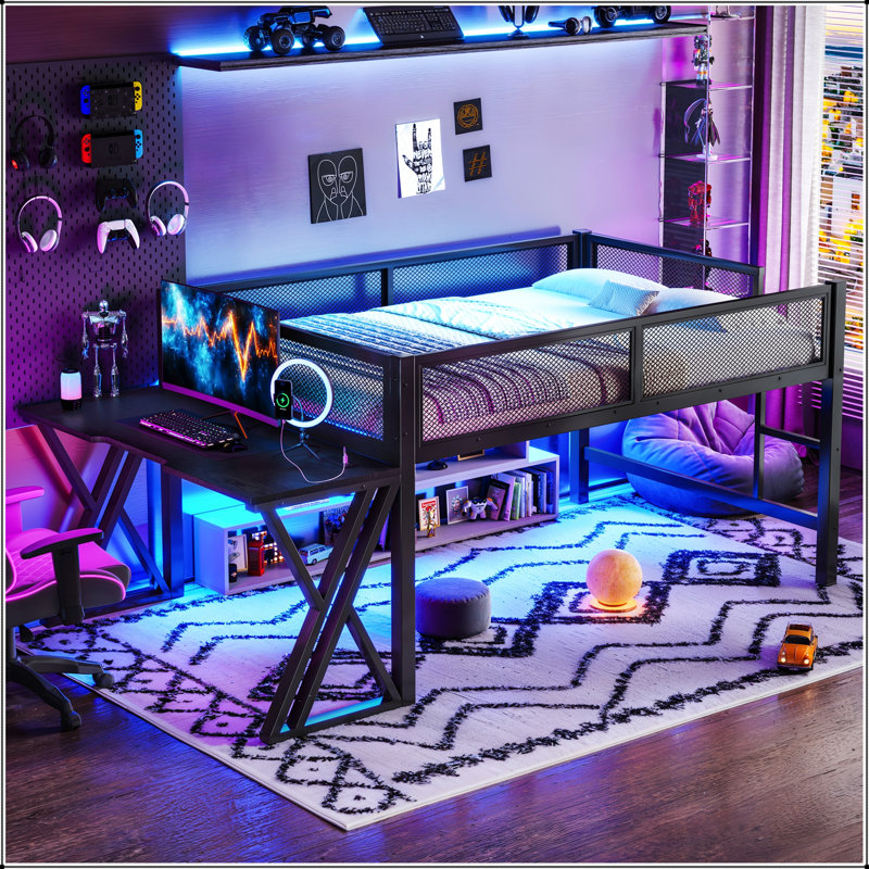 Lit mezzanine simple TG avec bureau, DEL, port USB et escalier, Simple extra long
