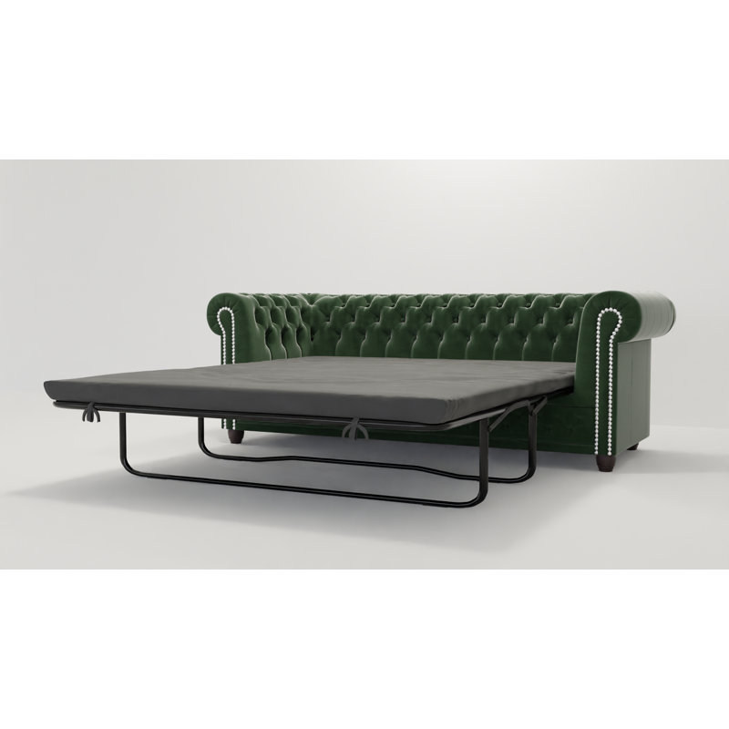 Chesterfield Hanna Sofa Set with Sleeping Function 3+2+1 Made of Velvet Fabric with Solid Wood Legs, Bottle Green