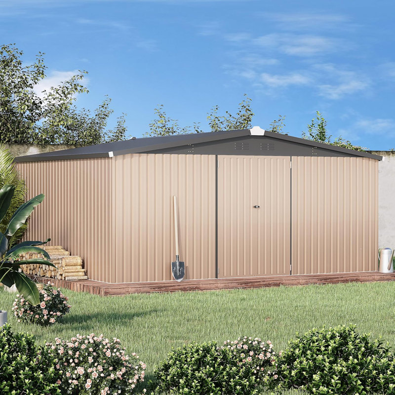 14' X 12' Shed Outdoor Metal Storage, Beige/Gray