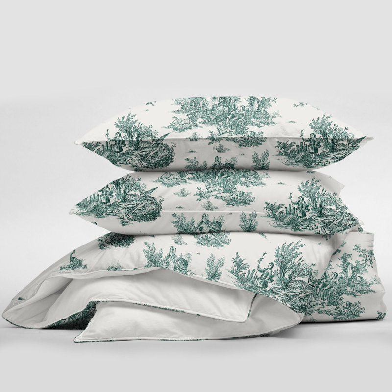 Ensemble d'édredon en coton Toile De Jouy, Édredon double et 2 taies décoratives, Vert