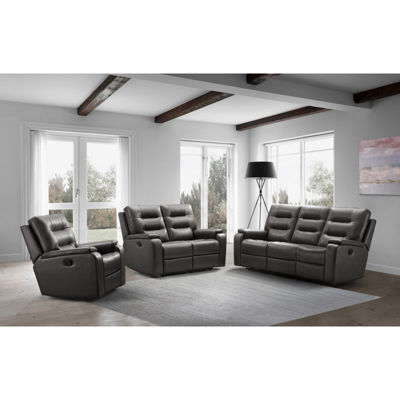 Ensemble de salon 3 pièces Buckden, Cuir véritable gris