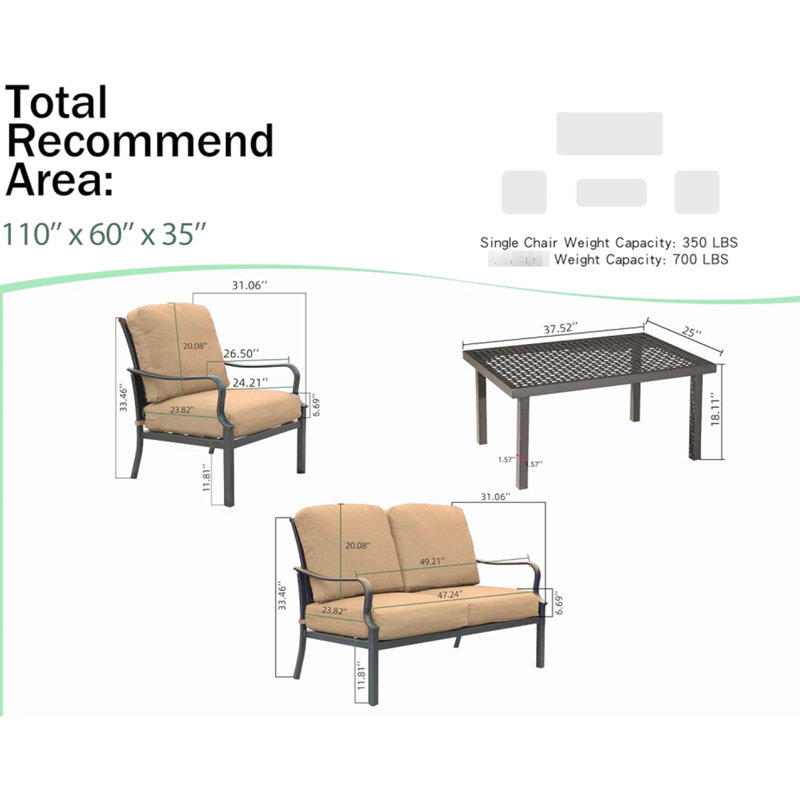 Table et chaises de patio en métal - Coussins amovibles beiges pour l'extérieur