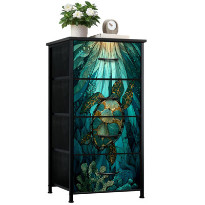 Commode style vitrail Coastal pour chambre à coucher avec 4 tiroirs de rangement Vitrail sous-marin Commode à tortues majestueuses Commode en acier pour vestibule