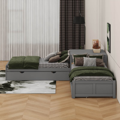 Lit plateforme simple en L avec lit gigogne, bureau et tiroirs