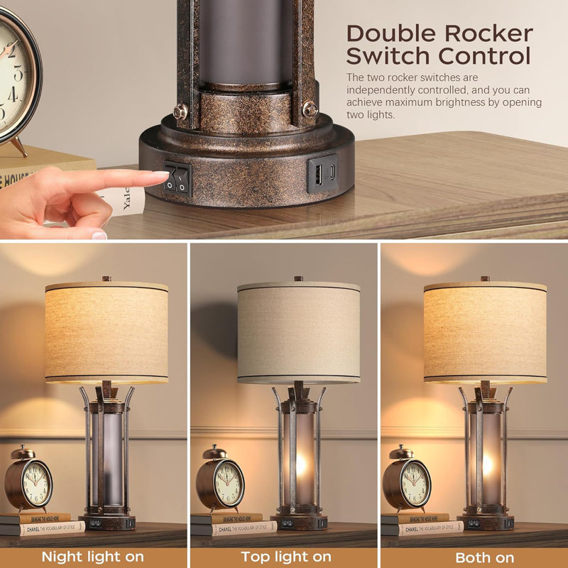 26" Bronze Rustic Farmhouse Table Lamps with USB Ports (Set of 2)