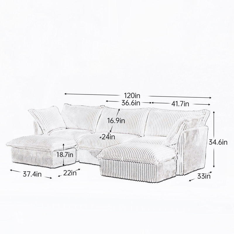 Slipcovered Modern 4 Seater Sofa Couch U-Shape Sectional Sofa with Ottoman, 3, 34.6" H x 120" W x 55" D, Black Corduroy
