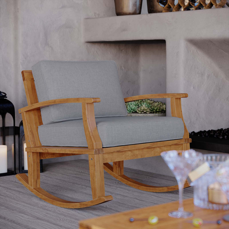 Natural Gray Teak Wood Outdoor Rocking Chair with Cushions
