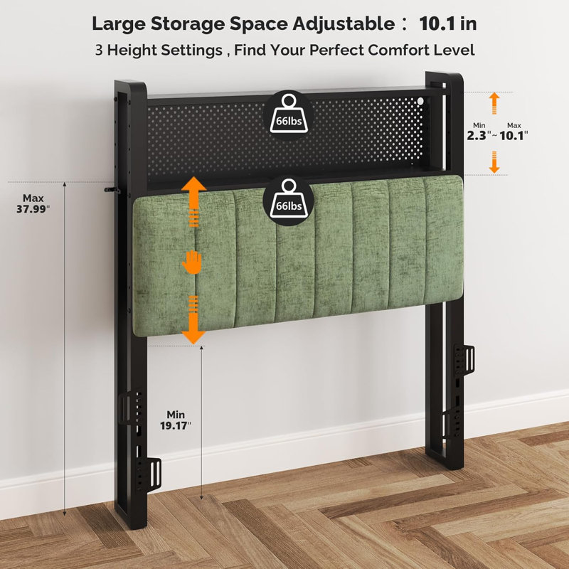 Twin Or Twin XL Size Headboard, Adjustable Upholstered Headboard With 2 Tier Shelves And Pegboard With Charging Stations And LED Lights, Modern Bed Headboard With Storage Chenille And Forest Green