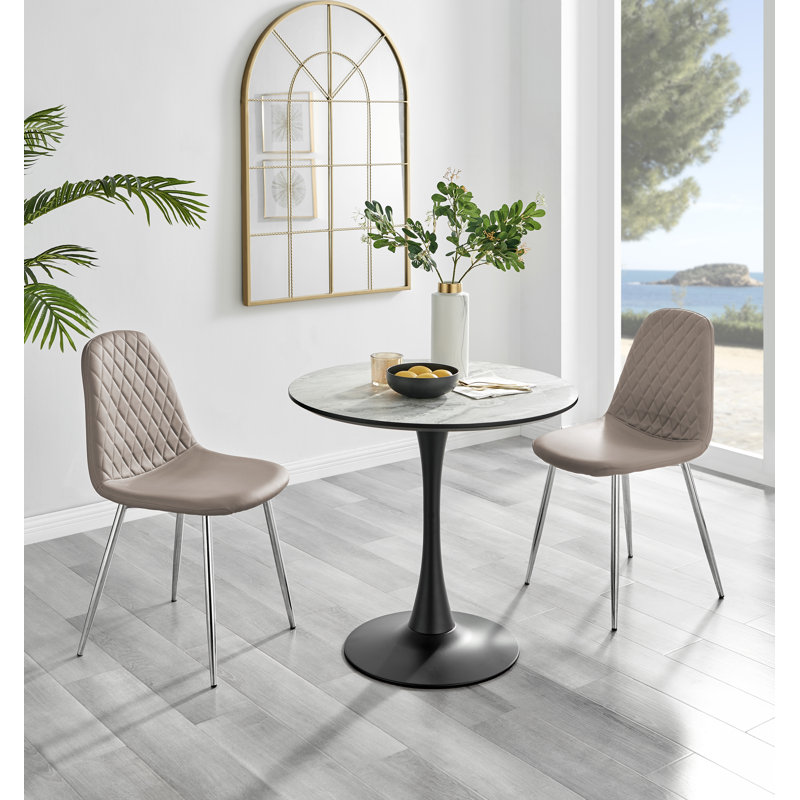 Corova White Marble Effect Melamine Round 80cm Dining Table And Chairs - 2 Faux Leather Dining Chairs, Cappuccino/Silver