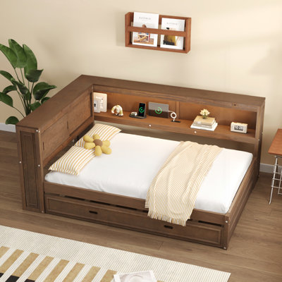 Lit de jour en bois avec tablettes de rangement, USB, DEL et lit gigogne