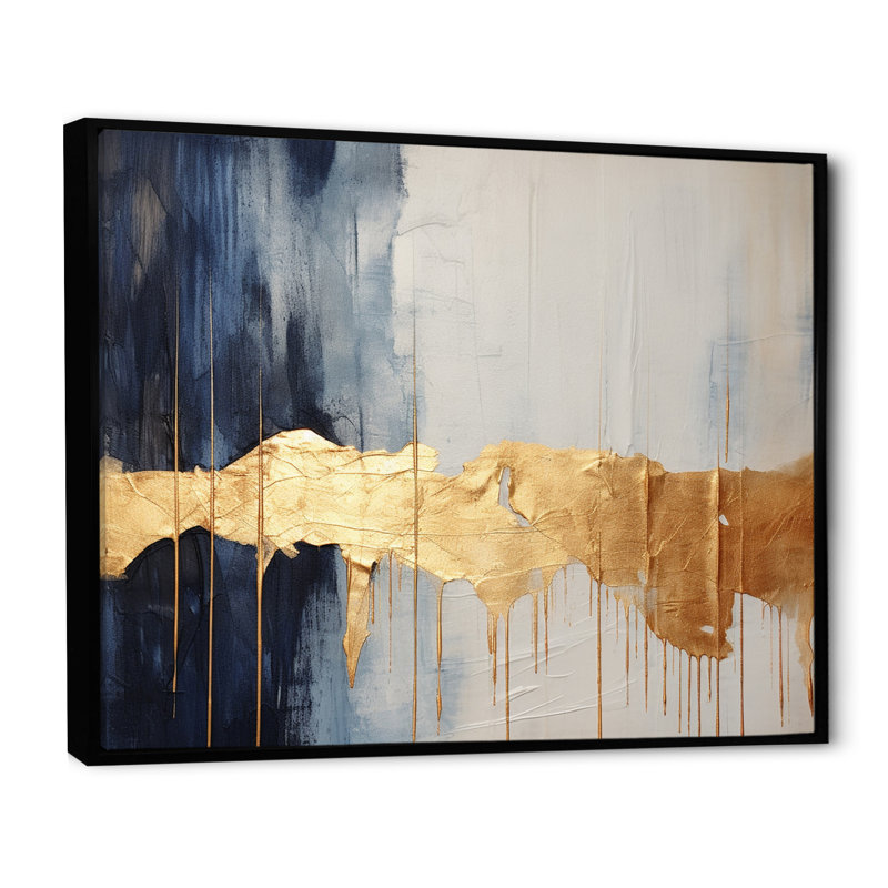 Waves Of Joy Minimal Nova - bleu et or I - peinture abstraite, art mural, H 30 po x l 40 po x P 1,5 po, Cadre flottant noir