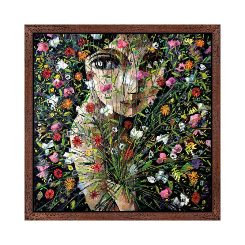 Between The Flowers by Didier Lourenco - Floater Frame Painting on Canvas, 93.98 cm H x 93.98 cm W, Brown Framed