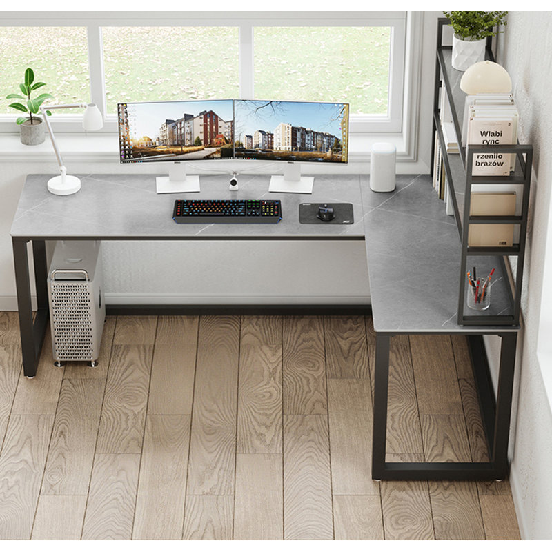 L-Shaped Sintered Stone Tabletop Desk with Shelf, 61.02" H x 55.12" W x 39.37" D