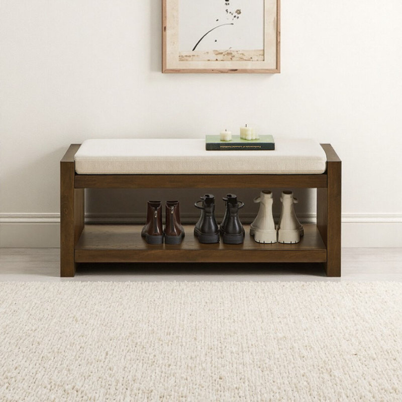 Accent Bench with Shoe Storage | 40-Inch Transitional Upholstered Seating Bench, Lower Shelf & Removable Cushion | Espresso Poplar Frame, Ivory Linen