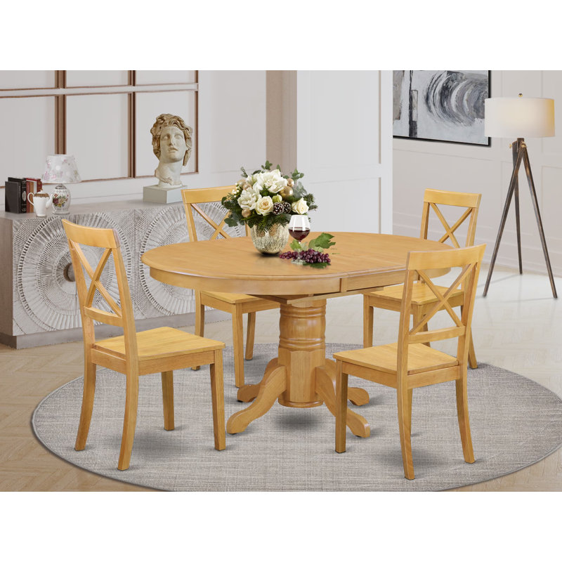 5 Piece Dining Table Set Includes an Oval Wooden Table with Butterfly Leaf and 4 Dining Chairs, Oak, Oak, No
