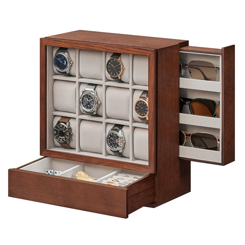 12-Slot Wooden Watch Box with Window, Coffee Brown