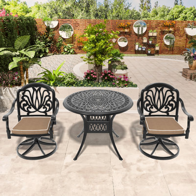 5 chaises d'extérieur en fonte d'aluminium: 4 chaises pivotantes et une table ronde de 35,43 po, noir, protégé, sièges confortables, capacité de 350 lb / 160 lb, coussins inclus, table à assemblage simple en toutes saisons