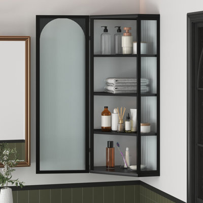 Wall‑Mounted Glass Door Corner Cabinet, 4‑Tier Multipurpose Storage Cabinet for Bathroom, Kitchen, Bedroom and Living Room, Black