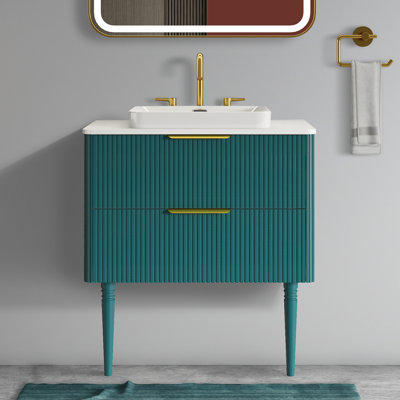 Meuble-lavabo à rayures 30 po avec lavabo en céramique Aquamarine, aspect moderne, rangement double, conception au fini durable et fonctionnement silencieux