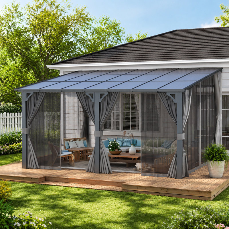 Wall Mounted Hardtop Patio Gazebo with Curtains and Mosquito Netting