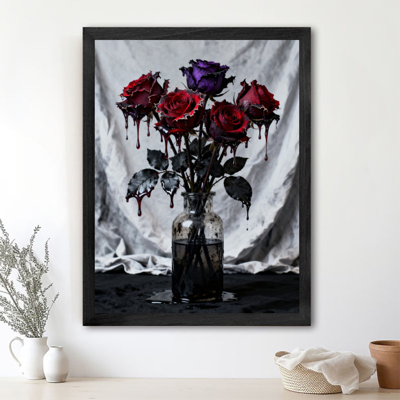 Art mural rétro noir encadré rose mortuaire, impressions de style gothique foncé, 25" H x 17" W