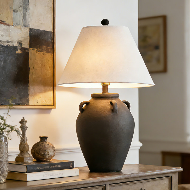 Carrizalez 25 po. Céramique noire rustique à intensité variable pour chambre à coucher, salon, table de chevet, table de chevet, lampe de table simple avec abat-jour empire en lin