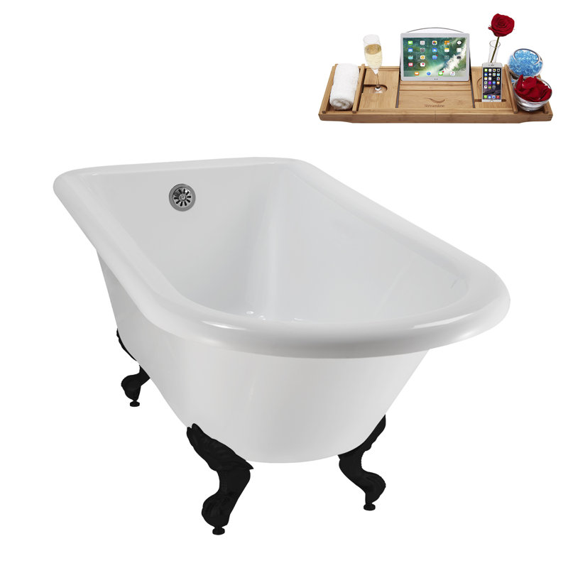 62" Streamline Clawfoot Tub,Tray,Drain, Clawfeet, Matte Black, Polished Chrome