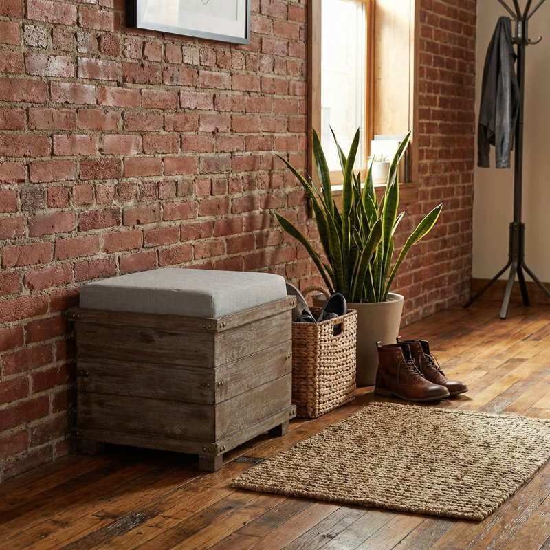 Frisbie Storage Chest Tray Ottoman in Fabric and Wood, Grey
