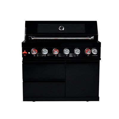 Barbecue au gaz de 43 pouces en noir avec six brûleurs, 85000 chaleur, 990 pouces carrés de surface de cuisson, grille de réchaud en acier inoxydable, hotte double, lumières halogènes, ouvre-bouteille, allumage électronique,