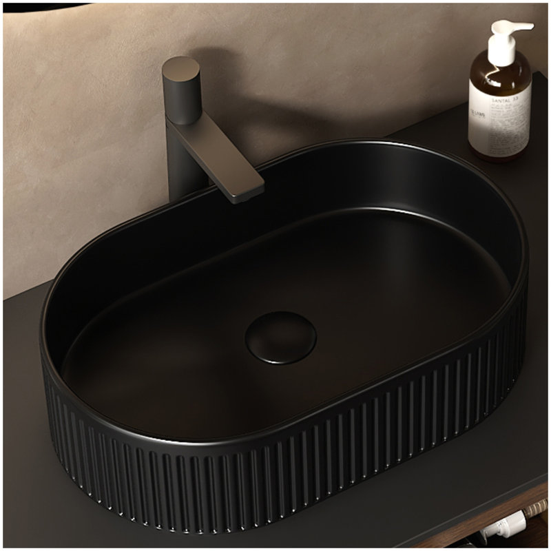 20'' Bathroom Sink, Oval Striped Vessel Ceramic Basin without Faucet, NO Cabinet, Black
