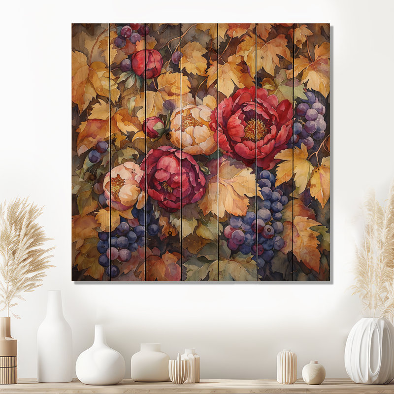 Pivoines et vigne d'automne III - Décoration murale en bois de pivoines - sur bois de pin naturel
