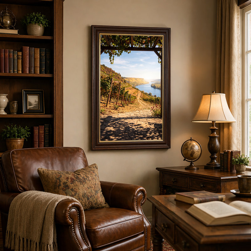 «Vineyard Hillside Over River Through Wooden Pergola», art mural sur toile, 18"H x 12"W