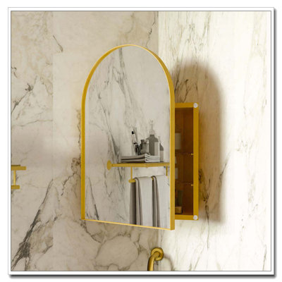 Pharmacie de coin en métal avec miroir arqué, tablettes en verre réglables, rangement de salle de bain peu encombrant pour les petits espaces