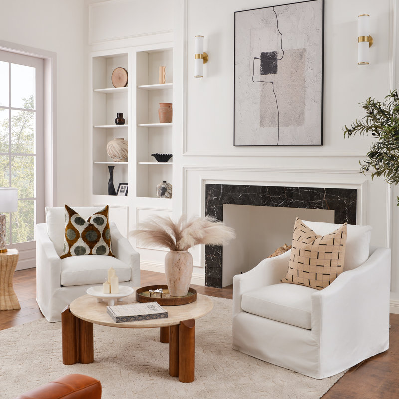 28" Wide Down Fill Upholstered Slipcovered Swivel Barrel Chair Set of 2, Pearl White