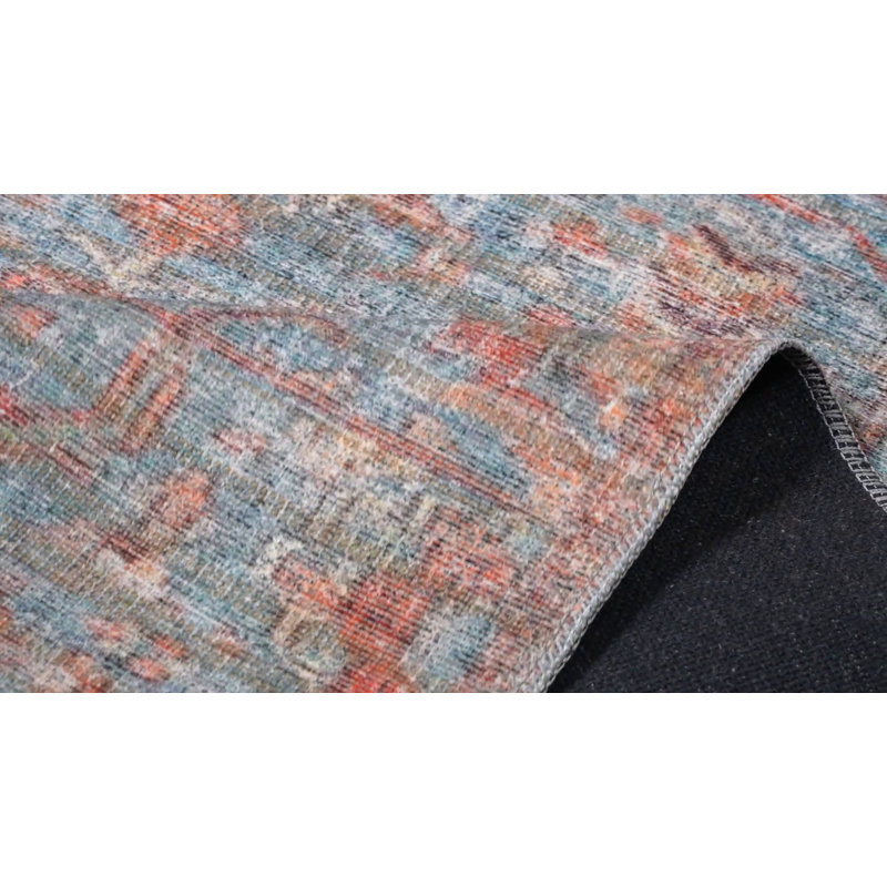 Square Antique Blue and Coral Floral Cotton Chenille Area Rug