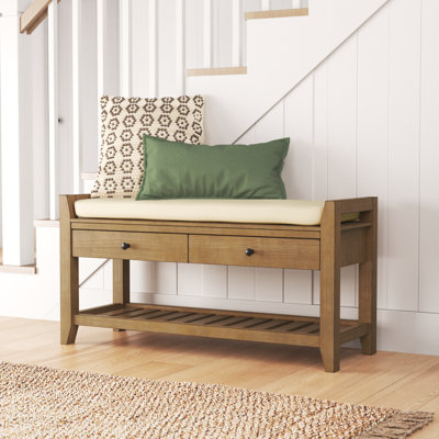Alexandria Wood Storage Bench, Shoe Rack with Cushioned Seat and Drawers, Multipurpose Entryway Storage Bench