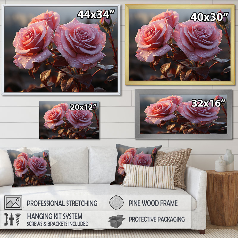 " Pink Roses Morning Gloss ", Gold Floater Framed, 34" H x 44" W x 1.5" D