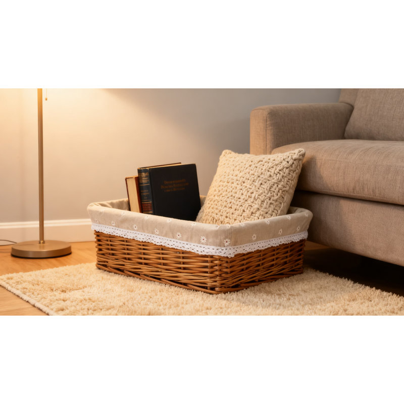 Handwoven Willow Storage Basket With Removable Liner, Rectangular Woven Organizer For Home Decor And Clutter Control