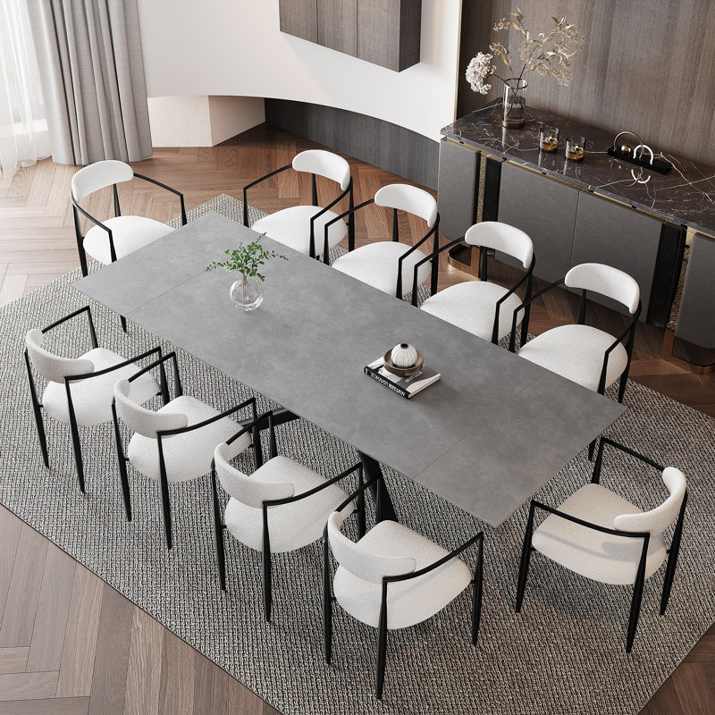 Ensemble de salle à manger rectangulaire avec chaises en tissu 70,8 "à 102,3" Louina, Gris, Blanc / noir, 11
