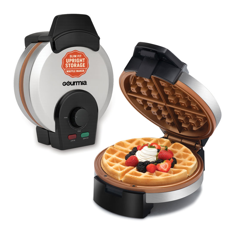 Gaufrier Gourmia avec contrôle de brunissement réglable, plaques antiadhésives sans PFAS et rangement vertical compact, acier inoxydable