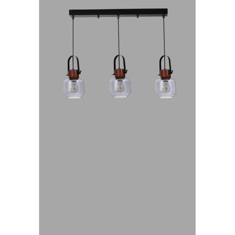 Élégant lustre en métal avec capuchon en verre, hauteur réglable, 5,9 po x 5,1 po | Finition grise, noyer et noire, plaque de base: 21,7 po x 2,4 po x 1,2 po | 3 x douilles E27 de 40 W maximum, pour la salle à manger et les espaces de vie, solution d'éclairage élégante